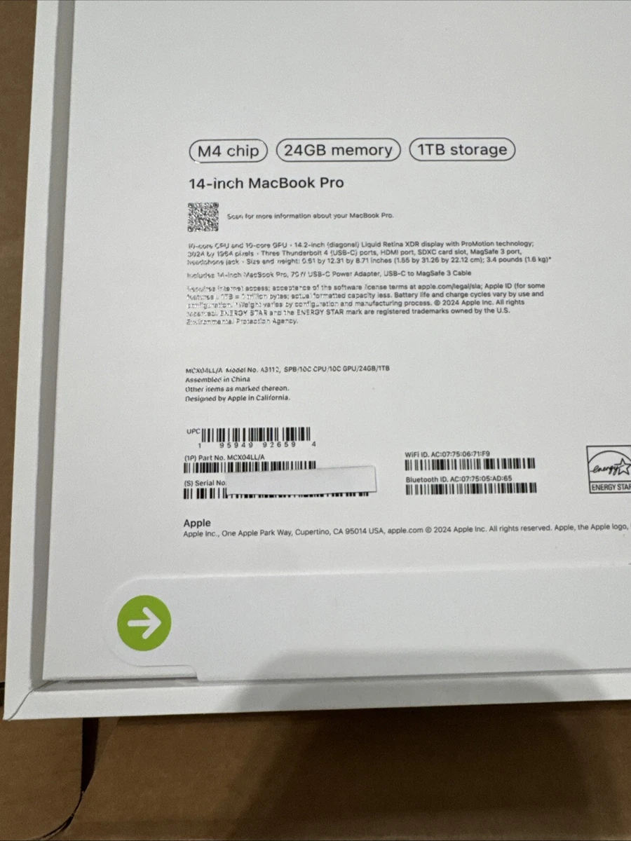 Apple Apple MacBook Pro 14" M4 Chip, 24GB RAM, 1TB SSD, MCX04LL/A New Sealed wholesale listing thumbnail 2